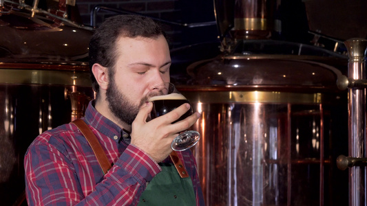 啤酒制造者喝着美味的黑啤酒微笑着镜头视频