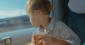 小男孩乘火车旅行28秒视频