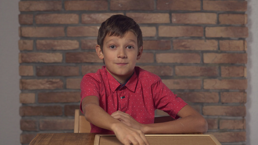坐在桌子上的孩子拿着翻页图背面的红砖墙上有字母苍蝇视频