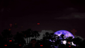 夜空中的圣月血月背影棕榈树和烈灵红墓在幽灵主题公园20秒视频