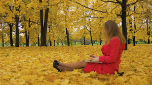秋天穿着红色的年轻女性坐在公园里6秒视频