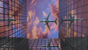 飞机飞越商业摩天大楼,对抗日落云10秒视频