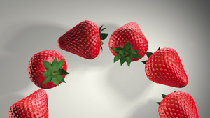 草莓的3D动画新鲜草莓与白色背景上的绿叶甜美的水果20秒视频