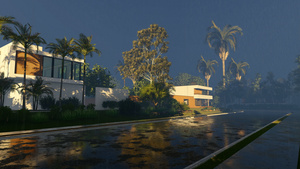 现代别墅和棕榈树上的暴雨23秒视频