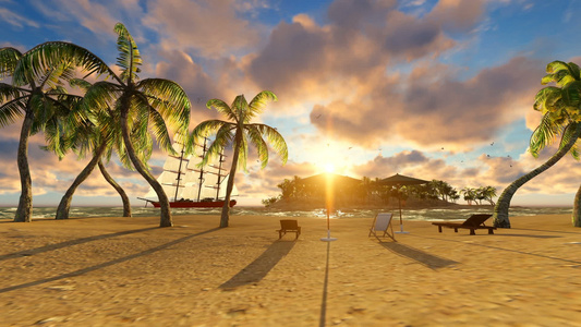 在美丽的海滩上日落时间太阳椅和雨伞视频