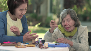 老年女性和女儿在手工艺中接受阿尔茨海默症治疗15秒视频