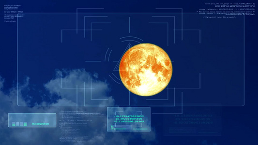 海狸满月的血月在夜空和云层移动与数字分析上移动视频