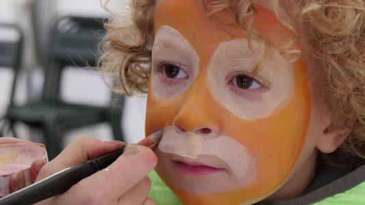 一个小男孩在老虎中装扮自己的脸视频