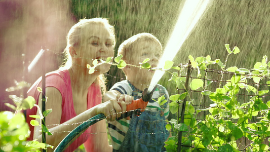 妈妈和儿子一起给花园浇水视频