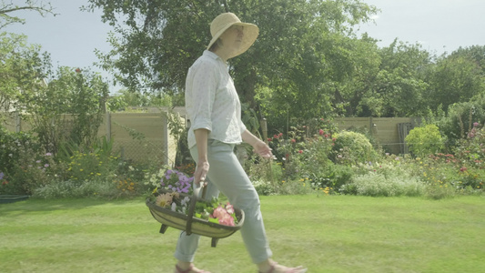 一位高级女性通过其园艺主题走动的视觉摄像头该视频