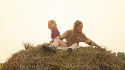 两个十几岁的女孩坐在干草堆上阳光明媚的一天视频