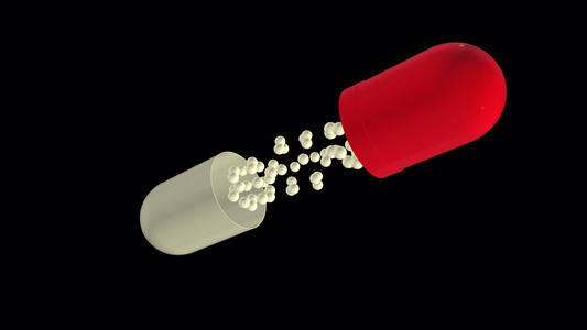 药丸打开并显示内容物没有背景飞行红色和白色药片的慢动作视频