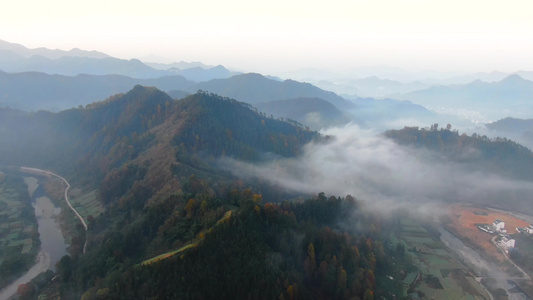 航拍安徽歙县石潭山峦晨雾自然风光视频视频