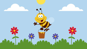 蜂蜜卡通人物在花园里随桶而飞9秒视频