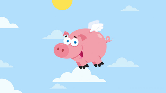 猪的卡通人物在天空中飞翔视频
