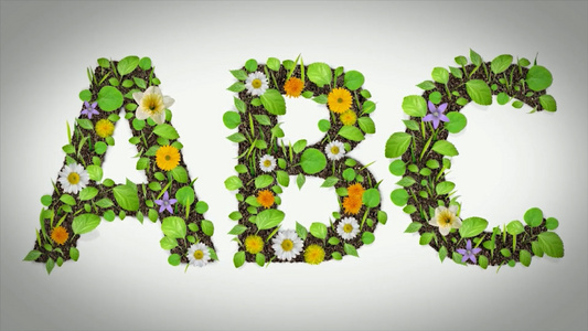 多彩花朵绿叶效果英文字母动画展示视频