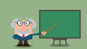 教授或科学家卡通人物带指针在董事会上展示12秒视频