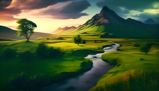 溪流草地风景数字艺术视频