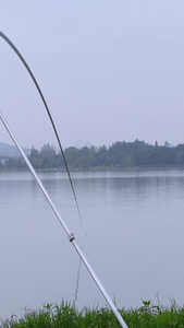 湖边垂钓的钓鱼爱好者休闲娱乐素材视频