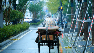 升格雨中蹬三轮车雨天淋雨辛勤劳作收破烂收纸箱24秒视频