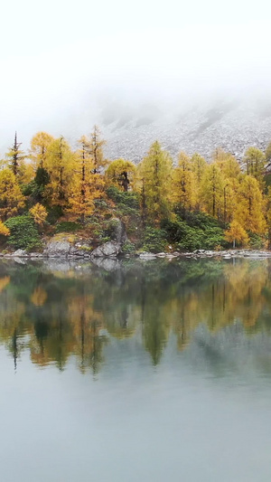 航拍高原海子湖泊云雾缭绕的秋色自然风光40秒视频