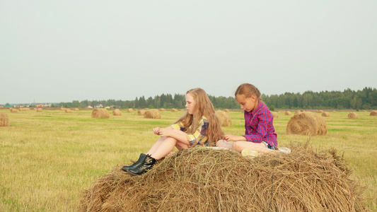 坐在干草堆上,在田里聊天 两个穿着格斗衬衫的可爱女孩视频
