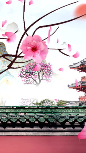 中国风建筑桃花盛开舞台背景视频桃花绽放20秒视频