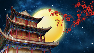 中国风古建筑中秋月亮星空梅花LED视频14秒视频