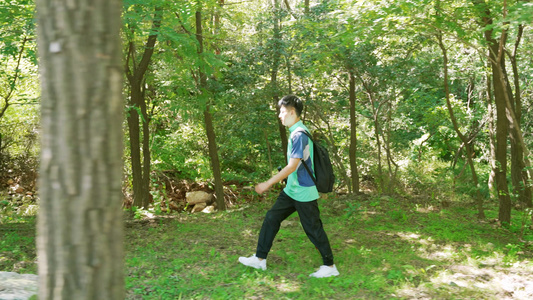 4K男青年徒步林间穿行树林登山爬山视频