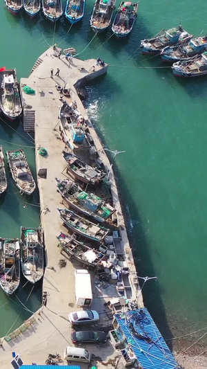 海边渔港码头及整齐排列的渔船航拍视频海滨风光25秒视频