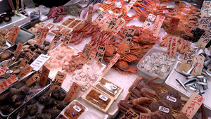 日本京都市九木市场 一张有各种海产食品的桌子12秒视频
