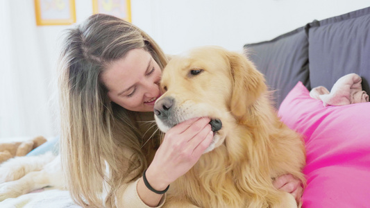 意大利米兰在床上玩金毛猎犬的女人视频