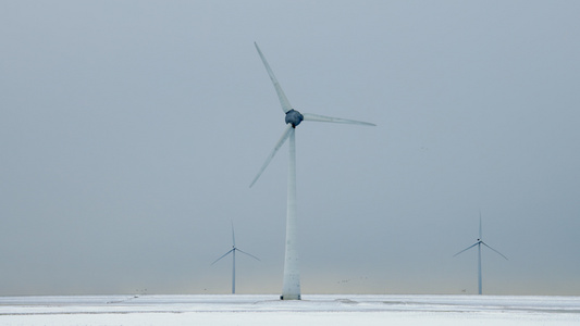 在积雪的田野上荷兰的风力涡轮机视频