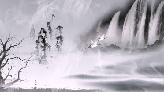 雾气缭绕水墨山水白鹤双飞背景视频视频