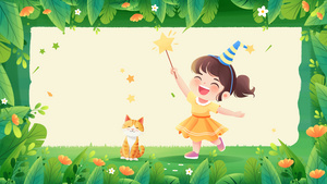 唯美卡通小猫女孩绿叶花朵六一儿童节背景40秒视频