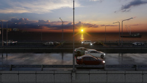 日落时夜城对潮湿高速公路上交通量的空中侧方空中视角29秒视频