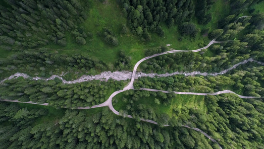 空中无人驾驶飞机视角意大利多洛米特阿尔卑斯山上的森林中的树木视频