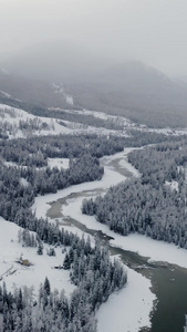 航拍新疆冬季喀纳斯河谷雪景视频