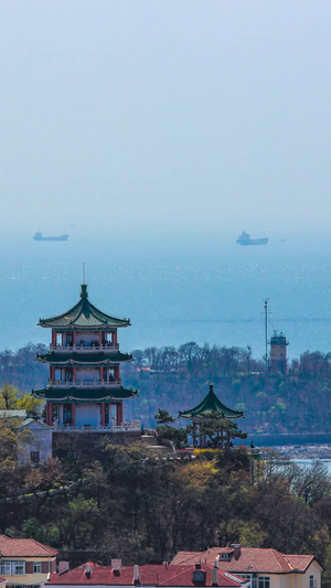 青岛风光延时远眺小鱼山和海上穿梭的货船海平面15秒视频