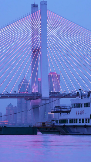 素材慢镜头升格拍摄城市物流长江轮渡码头江景桥梁夜景慢动作52秒视频