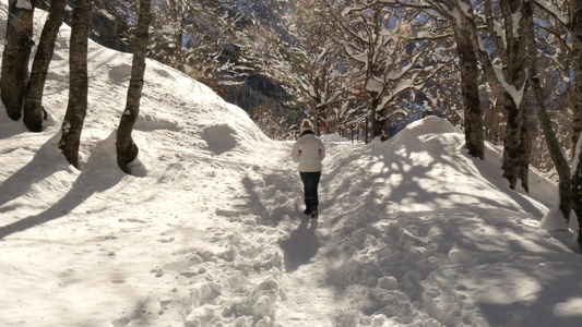 冬天在雪上漫步的女子视频