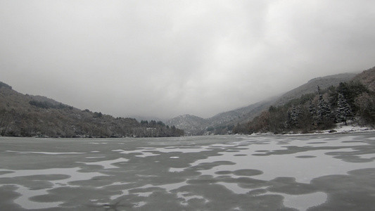 空中无人驾驶飞机鸟对冰冻湖泊的观察,冬季冬天被雪覆盖,表面有深气泡视频