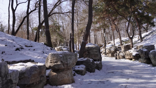 落雪假山石岩石圆明园雪景视频