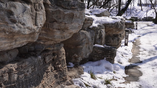 落雪假山石岩石圆明园雪景视频