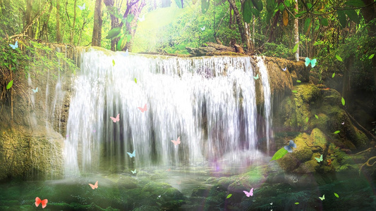 动态丛林瀑布流水落叶蝴蝶视频背景元素视频