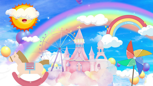 4K唯美梦幻卡通城堡可爱卡通彩虹背景视频视频