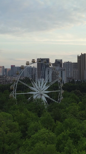 航拍城市风光夕阳晚霞天空落日余晖下的森林公园摩天轮城市风景素材城市建设37秒视频