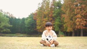 秋天坐在公园草地上的小男孩抱着足球12秒视频