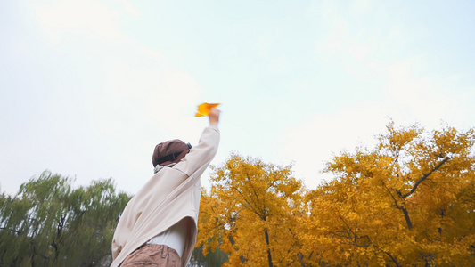 秋季公园草地上扔纸飞机的小男孩升格视频视频