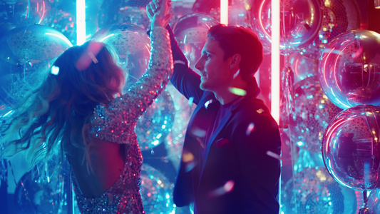 的浪漫情侣舞蹈男人和女在迪斯科派对上欢乐视频